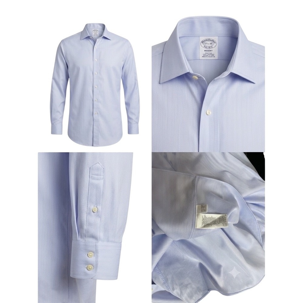 Brooks Brothers Mens Regent Dress Shirt 17.5 35 Blue Herringbone Non-Iron Supima